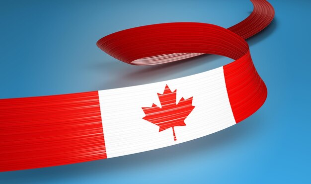 Photo 3d flag of canada 3d wavy shiny canada ribbon isolated on blue background 3d illustration