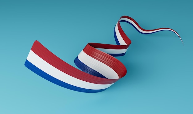 3d Flag Of Netherlands Country 3d Waving Netherlands Ribbon Flag On Blue Background 3d illustration