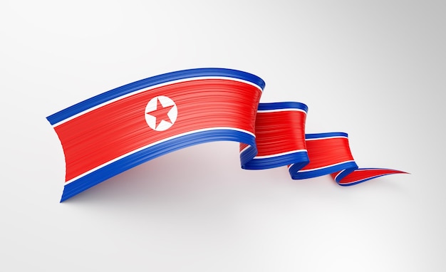 Photo 3d flag of north korea shiny wavy awareness ribbon flag isolated on white background 3d illustration