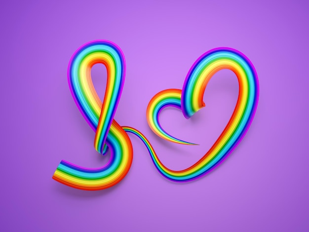 3d flag of rainbow heart shaped wavy awareness ribbon flag pastel purple background 3d illustration