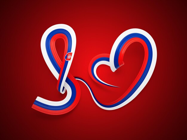 Photo 3d flag of slovakia heart shaped shiny wavy awareness ribbon flag red background 3d illustration