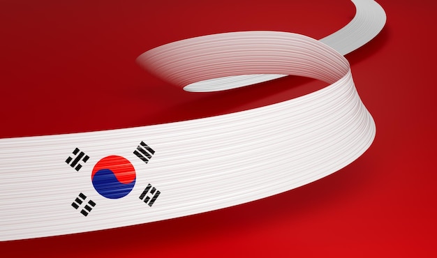 韓国の 3 d の旗 3 d 波状光沢のある韓国リボンが赤い背景に分離されました 3 d イラストレーション