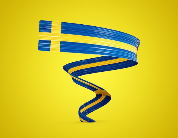 스웨덴의 3d 국기 노란색 배경 3d 그림에 고립 된 3d 반짝 흔들며 깃발 리본