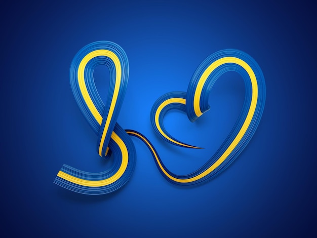 3d Flag Of Sweden Heart Shaped Wavy Awareness Ribbon flag On Royal Blue Background 3d illustration