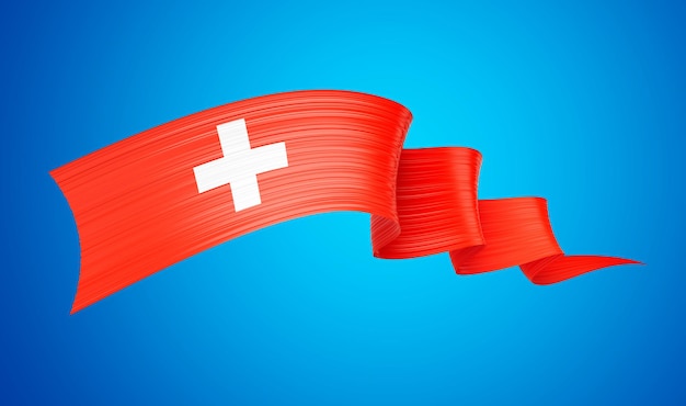 Foto 3d bandiera della svizzera 3d shiny waving flag ribbon isolato su sfondo blu 3d illustrazione