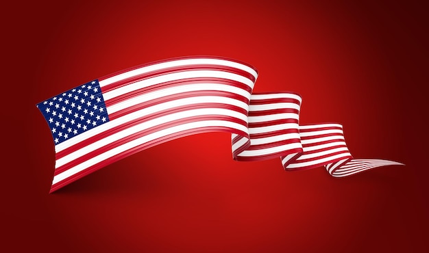 Photo 3d flag of united states of america 3d shiny waving flag ribbon on red background 3d illustration