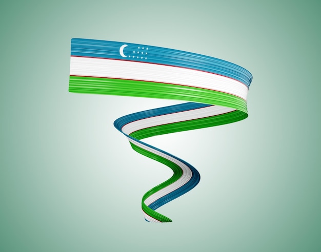 Photo 3d flag of uzbekistan 3d shiny waving flag ribbon on soft pastel green background 3d illustration