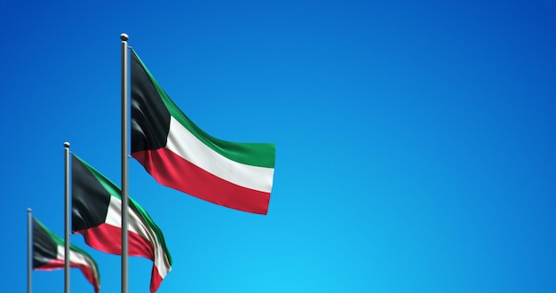 3D flagpole flying Kuwait in the blue sky