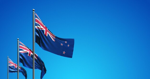 3D flagpole flying New Zealand in the blue sky