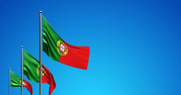 푸른 하늘에 포르투갈을 비행하는 3D 깃대