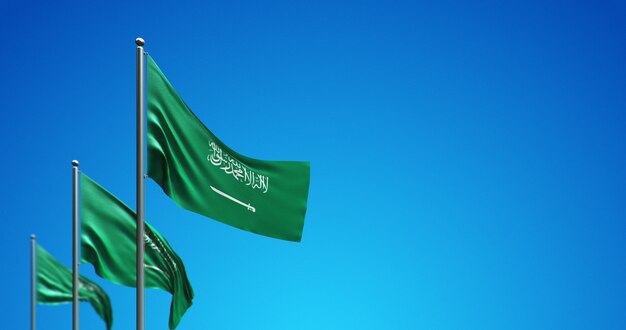 3D flagpole flying Saudi Arabia in the blue sky