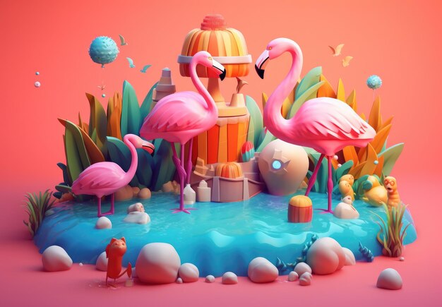 3d flamingo with beach accessories and sunscreen on the water Generative AI