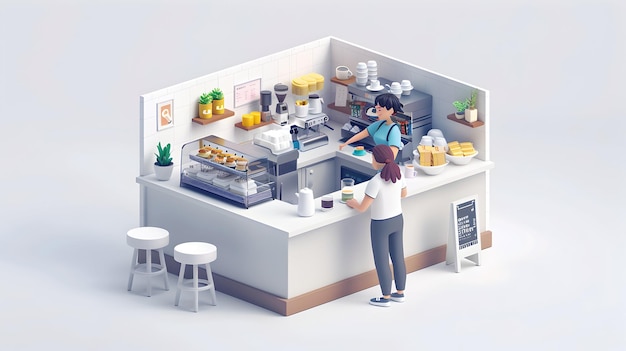 Photo 3d flat cartoon small cafe owner handing coffee to customer illustrating customer service hospita