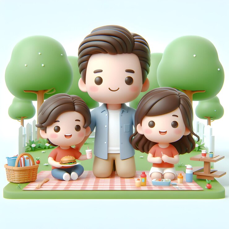 Photo 아빠와 아이들이 아버지의 날 테마에서 뒷마당에서 피크닉을 하는 3d 평평한 귀여운 chibi 아이콘