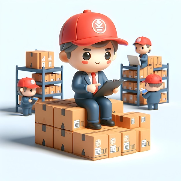 3D flat cute chibi icon for Warehouse Manager Overseeing Digital Inventory in Digital innovation abs