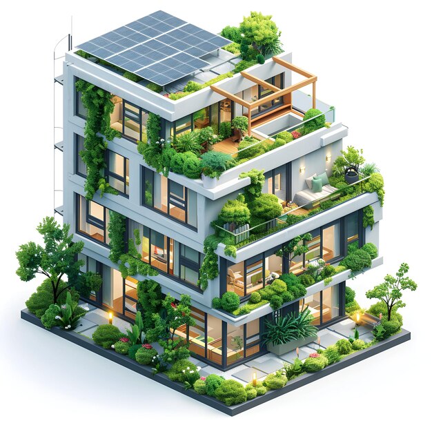 Photo 3d flat ecofriendly building design concept with green walls and solar panels sustainable archite