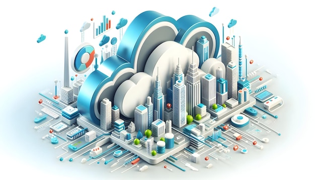 3d flat icon as Digital Skyline Digital skyline with cloud elements symbolizing data flow in Digita