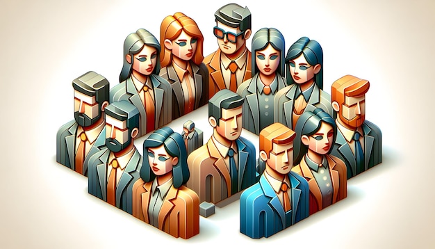 동적 팀 초상화로 3D 평면 아이콘 비즈니스 콘에서 현대 팀의 다양한 얼굴을 보여줍니다.