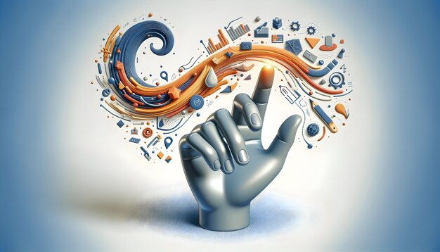 3d flat icon as Gesture of Progress A hand with abstract elements flowing from fingertips symbolizin