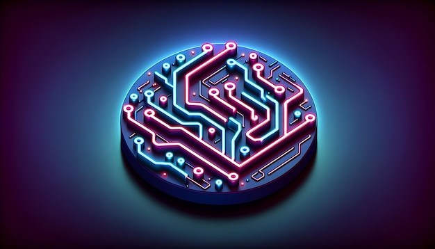 3D フラットアイコン ネオン回路 ネオン線はデジタル情報の流れを表す回路のパスを模します