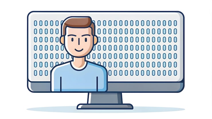Photo 3d flat icon as programmer with code on a screen and binary digits symbolizing coding and data with