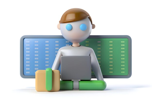 ไอคอนแบน 3 มิติในรูปแบบโปรแกรมเมอร์ที่มีโค้ดบนหน้าจอและตัวเลขไบนารีที่เป็นสัญลักษณ์ของการเขียนโค้ดและข้อมูลด้วย