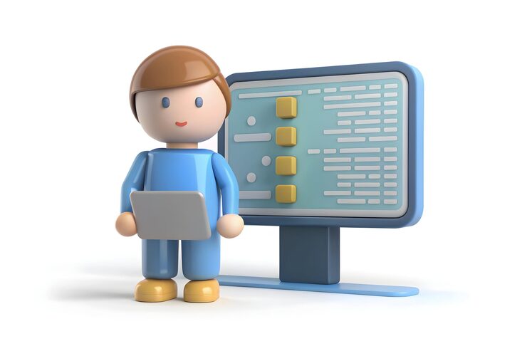 Photo 3d flat icon as programmer with code on a screen and binary digits symbolizing coding and data with