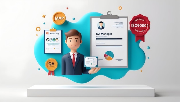 3D平面图标为QA经理与过程地图和证书概念作为QA经理的图像