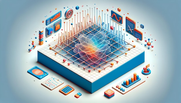 3d flat icon as Quantum Grid A grid layout with quantum computing motifs for a high tech feel in di