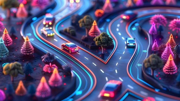 Foto icona piatta 3d di veicoli elettrici autonomi che guidano su strade futuristiche che simboleggiano la tecnologia avanzata