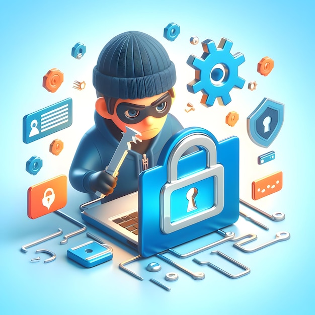 3D flat icon for business as Cyber Thief Hacker with a digital lockpick in online security threats t