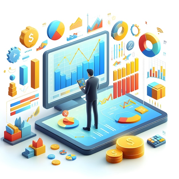 A 3d flat icon of business and financial concept A businessman analyzing financial charts and graphs