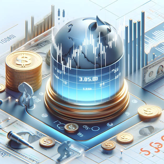 A 3d flat icon of business and financial concept A closeup of a stock market ticker displaying fluc