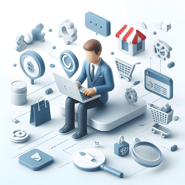 A 3d flat icon of business and financial concept A digital entrepreneur managing an ecommerce platf