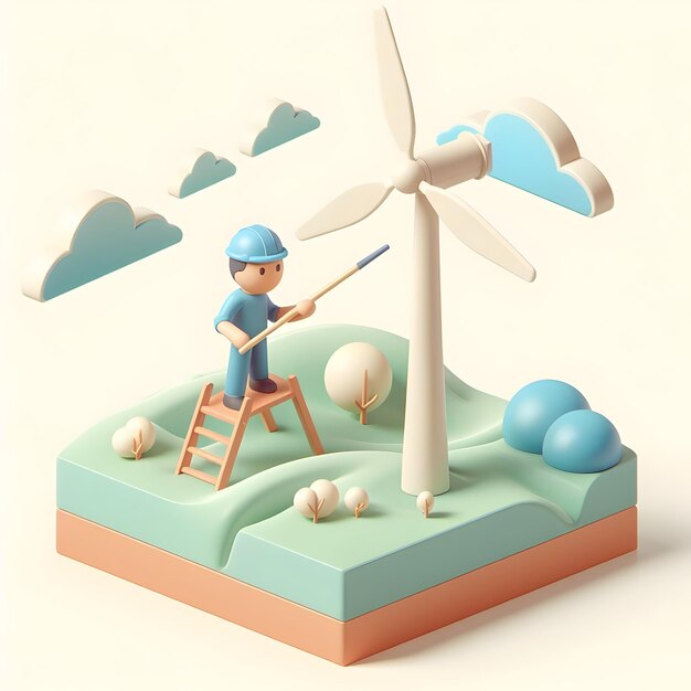 Photo a 3d flat icon of climate change concept man installing wind turbines in windy landscape for clean