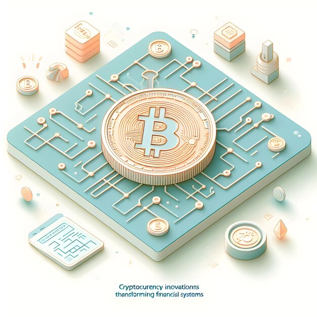 A 3d flat icon of a coin with a digital circuit and the text Cryptocurrency Innovations Transformin