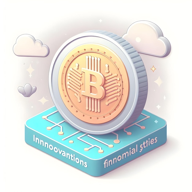 A 3d flat icon of a coin with a digital circuit and the text Cryptocurrency Innovations Transformin