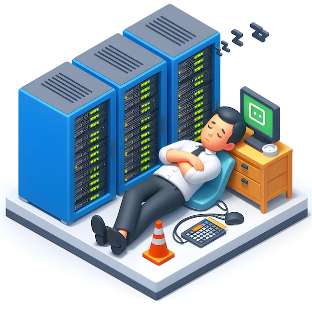 Foto icona piatta 3d di uno specialista it esausto che fa un pisolino sul rack del server che illustra le esigenze di gestione