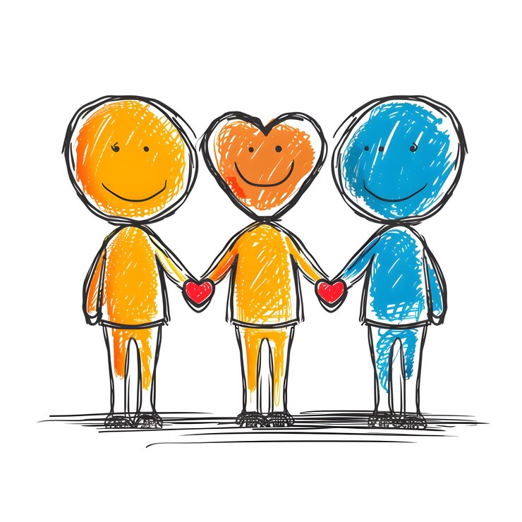 Photo 3d flat icon friends holding hands with heart symbol unity and love in friendship doodle line ca