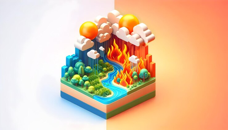 Photo 3d フラットアイコン 熱波 vs. 緑豊かなオアシスコンセプト 夢のような背景 気候の極端性 vs. 自然の肥料