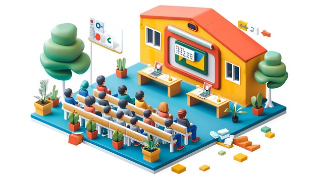 3D Flat Icon Interactive Workshop Seminar Fostering Creativity and Innovation in Isometric Scene