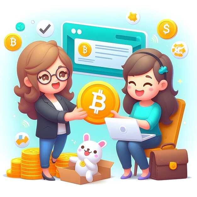 A 3d flat icon investor Crytocurrency concept happy A woman purchasing Bitcoin using a mobile paymen