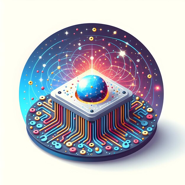 3d flat icon quantum computing cosmos concept quantum bits represented in a cosmic setting with whit