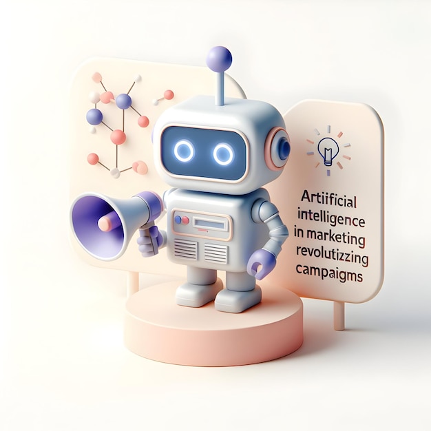 3D плоская икона робота с мегафоном и текстом Искусственный интеллект в маркетинговой революции