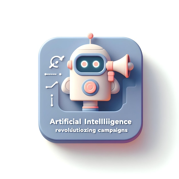 A 3d flat icon of a robot with a megaphone and the text Artificial Intelligence in Marketing Revolu