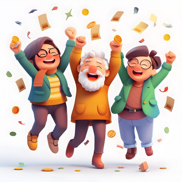 Photo 3d flat icon seniors celebrating debtfree retirement with joy and relief in cartoon style on high