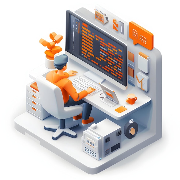 3D Flat Icon Software Developer Coderen van een complex programma Toon technische vaardigheden en focus in