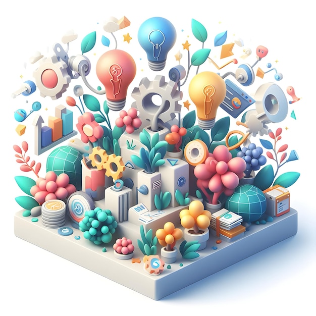 Foto 3d flat icon startup ecosystem concept als diverse business ideas blooming met witte achtergrond en