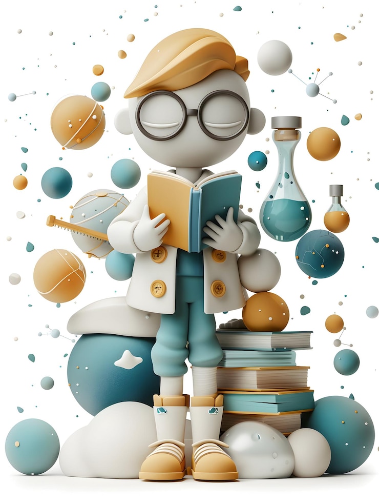 Фотография 3d плоская икона студента с книгами и научным экспериментом handson learning concept for graphic de
