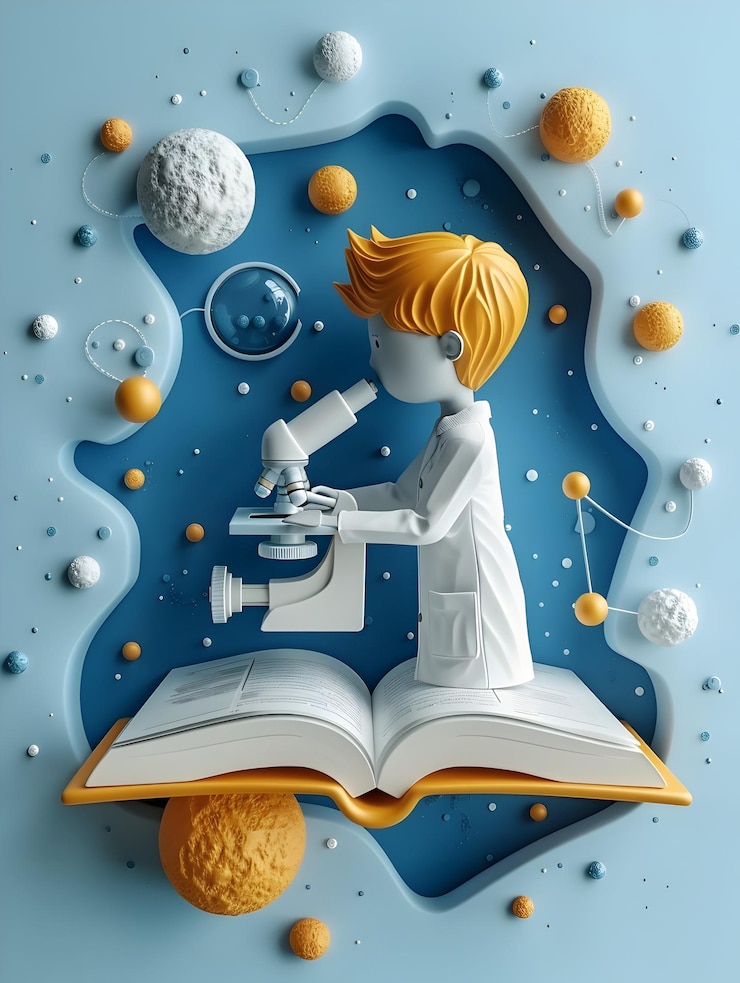 Фотография 3d плоская икона студент с микроскопом и научной книгой о мечтательной литературе и науке